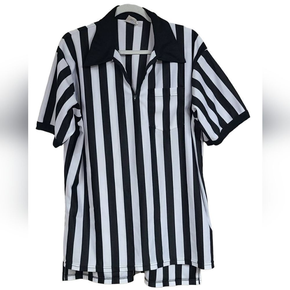 Vintage 80s/90s Majestic Official Referee Uniform Striped Shirt 1/4 Zip Costume